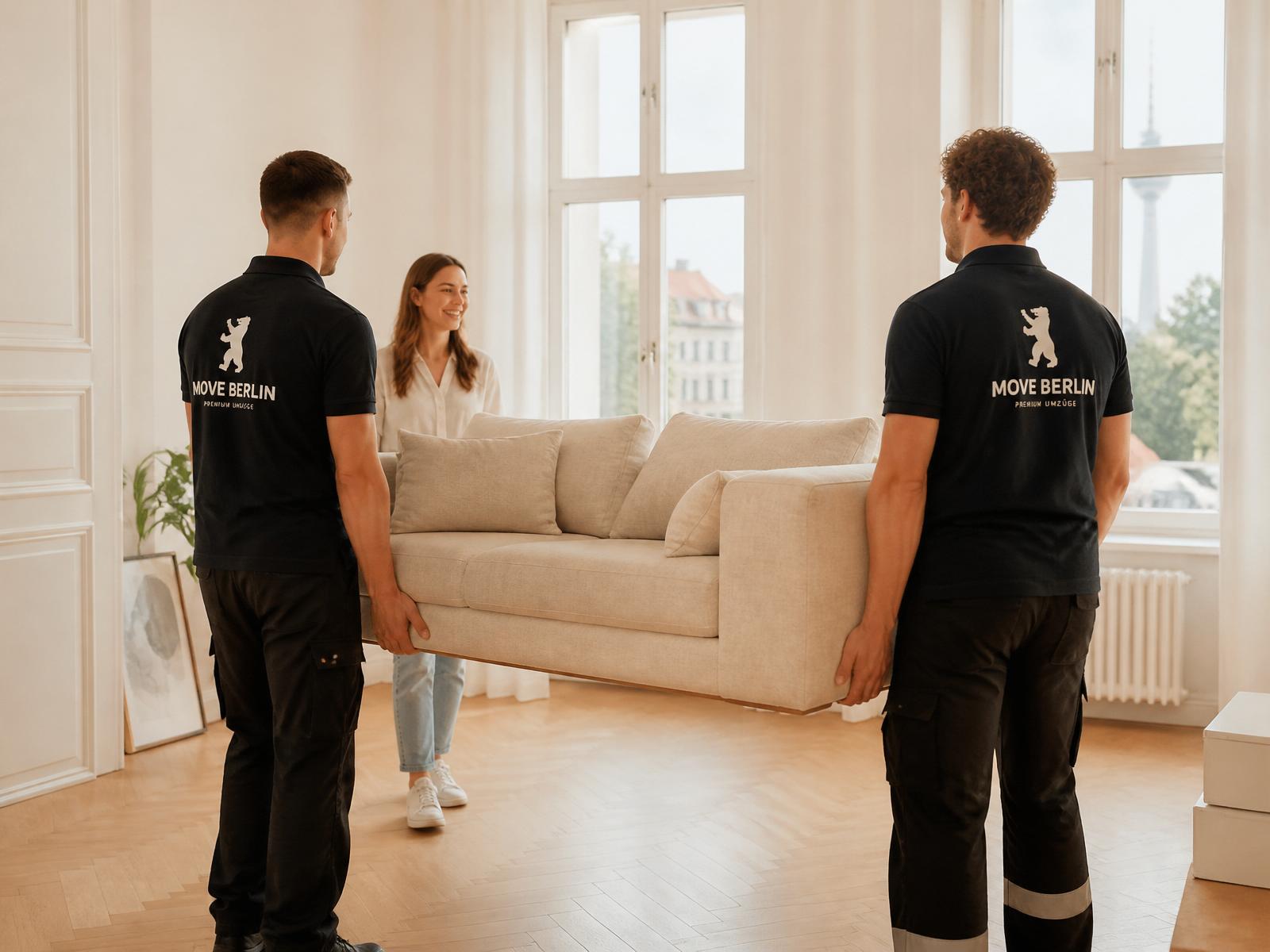 Professionelles Umzugsteam von BlitzBillig Umzug mit zufriedener Kundin in einer hellen Berliner Altbauwohnung